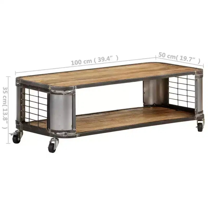 Table basse avec 4 roulettes, bois de manguier massif, 100 cm