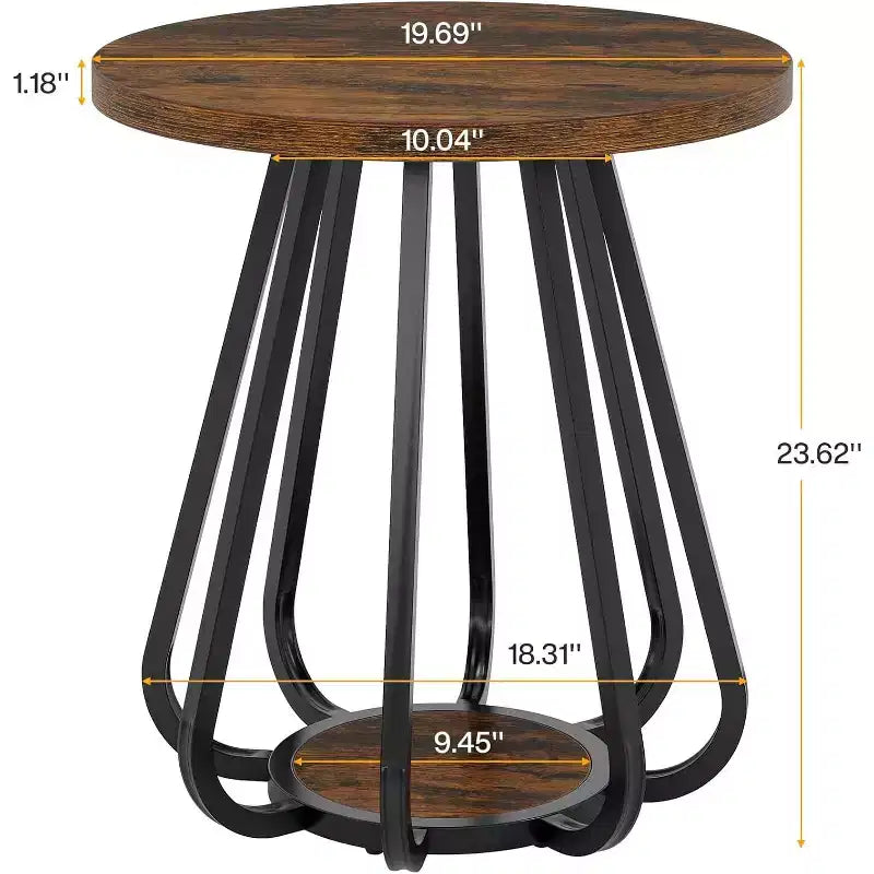 Petite table d'appoint ronde à 2 niveaux avec cadre en métal et étagère inférieure, table d'appoint pour petits espaces, salon, chambre à coucher, marron vintage et noir