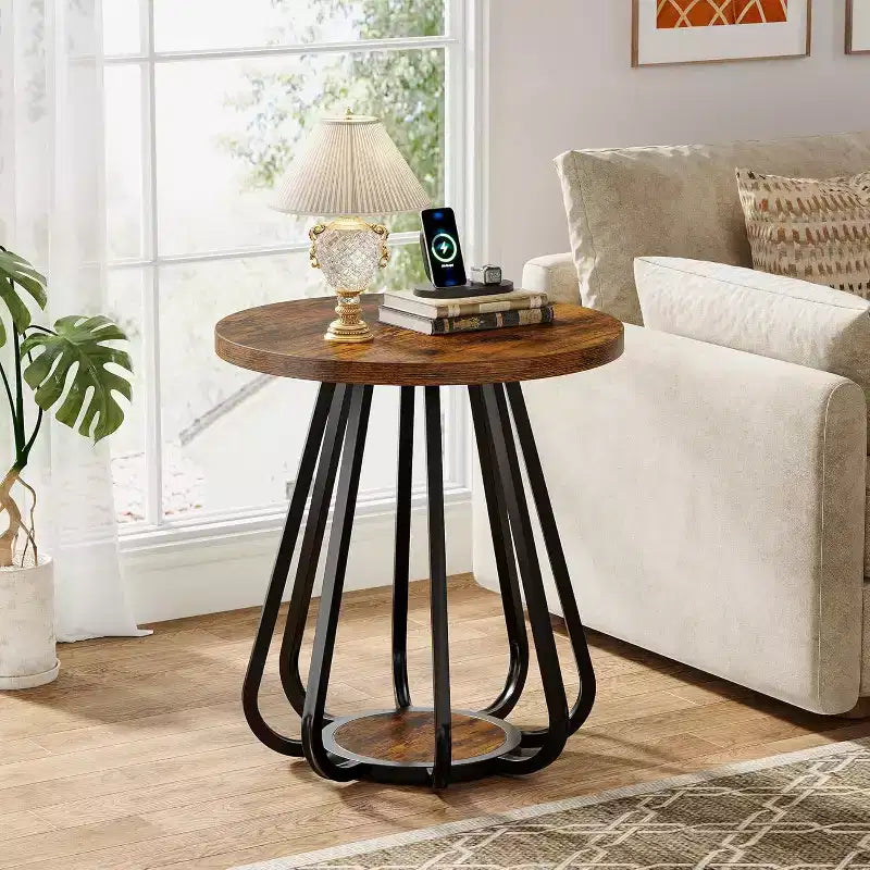Petite table d'appoint ronde à 2 niveaux avec cadre en métal et étagère inférieure, table d'appoint pour petits espaces, salon, chambre à coucher, marron vintage et noir