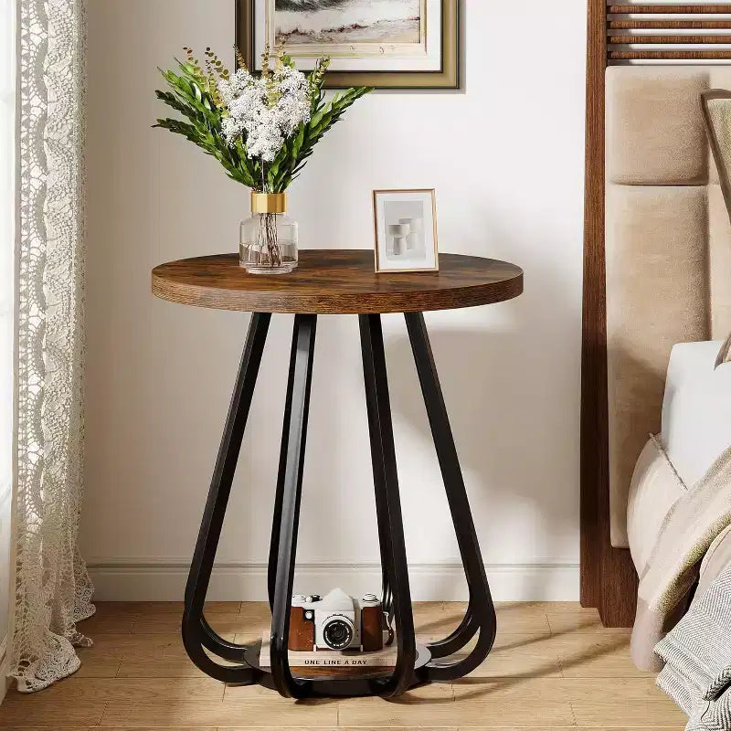 Petite table d'appoint ronde à 2 niveaux avec cadre en métal et étagère inférieure, table d'appoint pour petits espaces, salon, chambre à coucher, marron vintage et noir