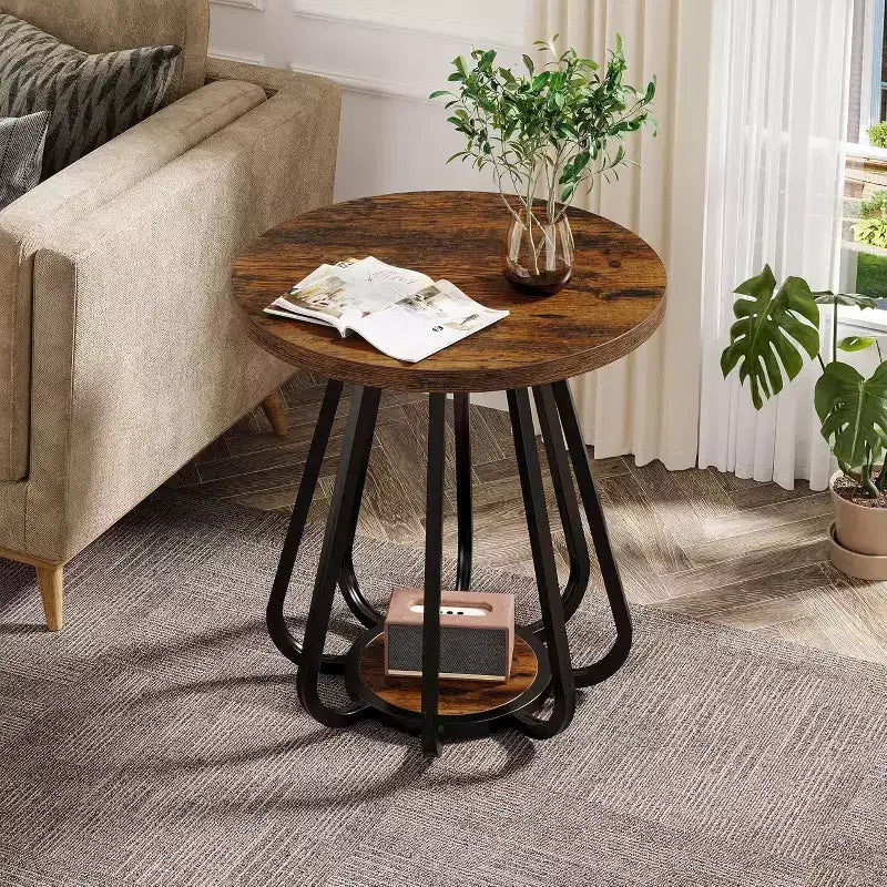 Petite table d'appoint ronde à 2 niveaux avec cadre en métal et étagère inférieure, table d'appoint pour petits espaces, salon, chambre à coucher, marron vintage et noir
