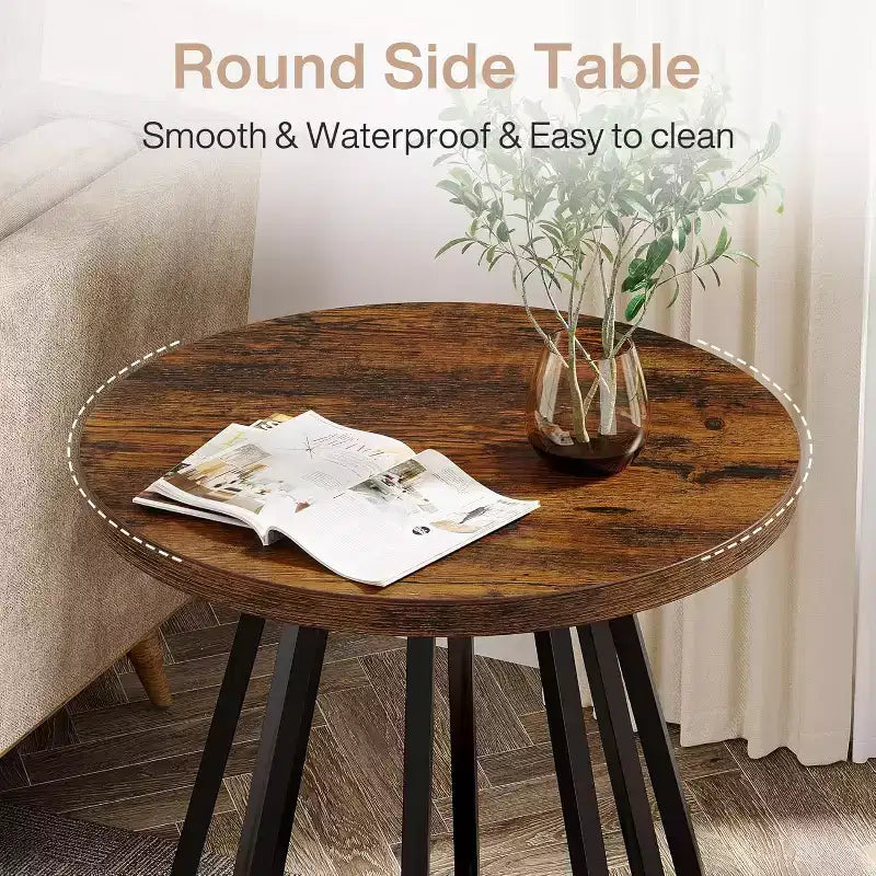 Petite table d'appoint ronde à 2 niveaux avec cadre en métal et étagère inférieure, table d'appoint pour petits espaces, salon, chambre à coucher, marron vintage et noir