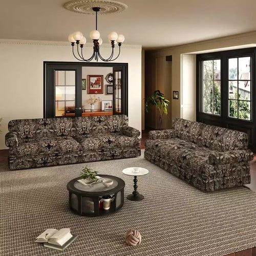 Canapé 3 places "Cloud" de 188 cm, luxueusement confortable, en tissu Oxford avec accoudoirs roulés et jupe plissée, motif floral noir