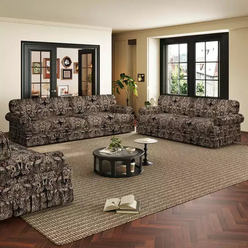 Canapé 3 places "Cloud" de 188 cm, luxueusement confortable, en tissu Oxford avec accoudoirs roulés et jupe plissée, motif floral noir