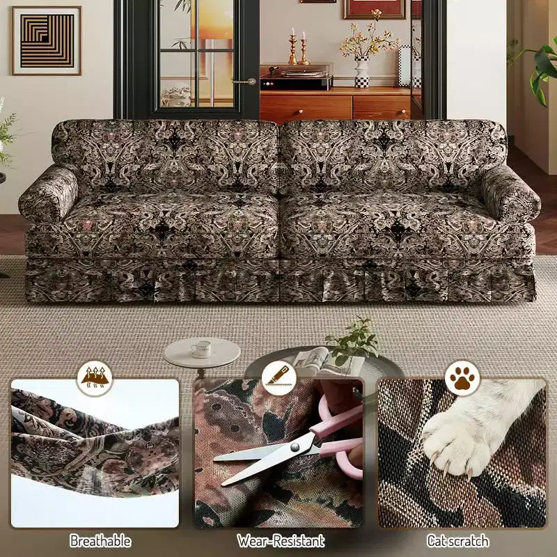 Canapé 3 places "Cloud" de 188 cm, luxueusement confortable, en tissu Oxford avec accoudoirs roulés et jupe plissée, motif floral noir