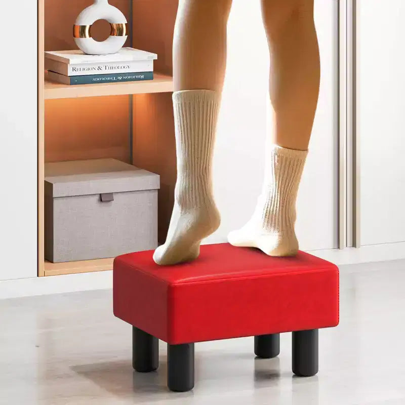 Repose-pieds ottoman rectangulaire en cuir synthétique, petit tabouret avec siège rembourré, blanc/noir/rouge