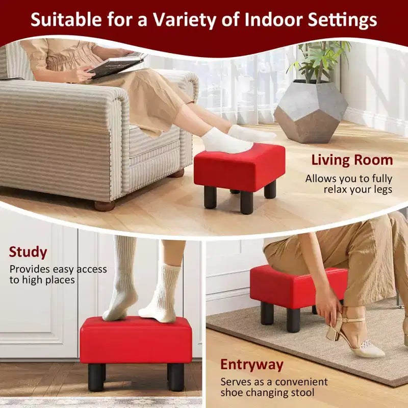 Repose-pieds ottoman rectangulaire en cuir synthétique, petit tabouret avec siège rembourré, blanc/noir/rouge