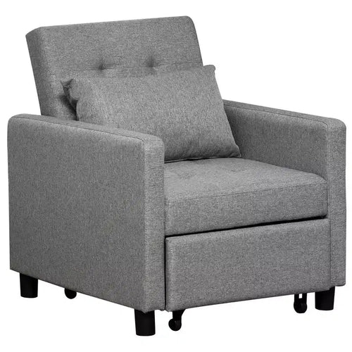 Canapé-lit convertible, transat multifonctionnel avec tissu capitonné, dossier inclinable, oreiller, gris