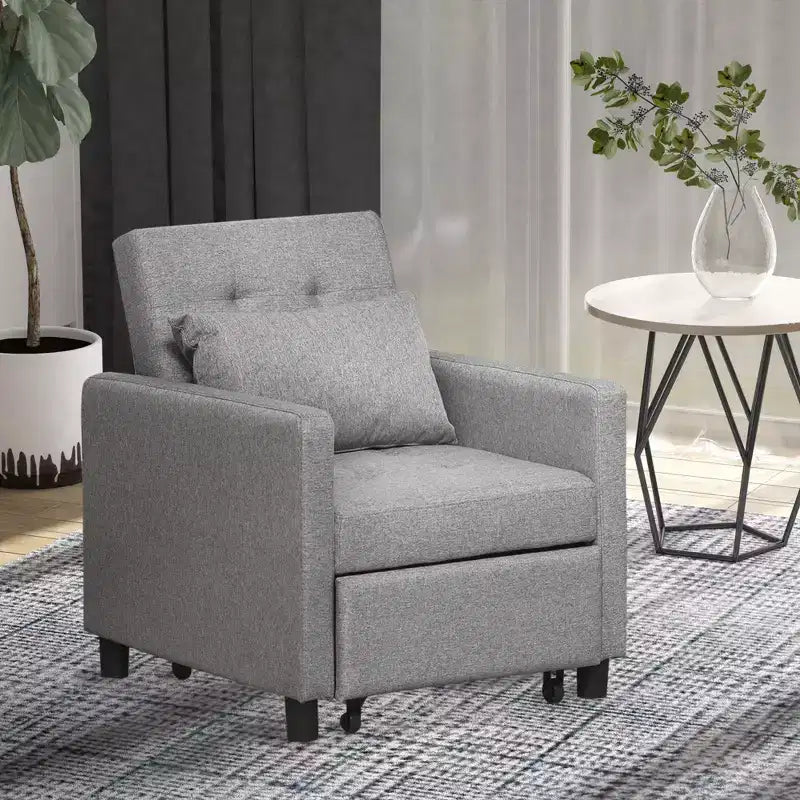 Canapé-lit convertible, transat multifonctionnel avec tissu capitonné, dossier inclinable, oreiller, gris