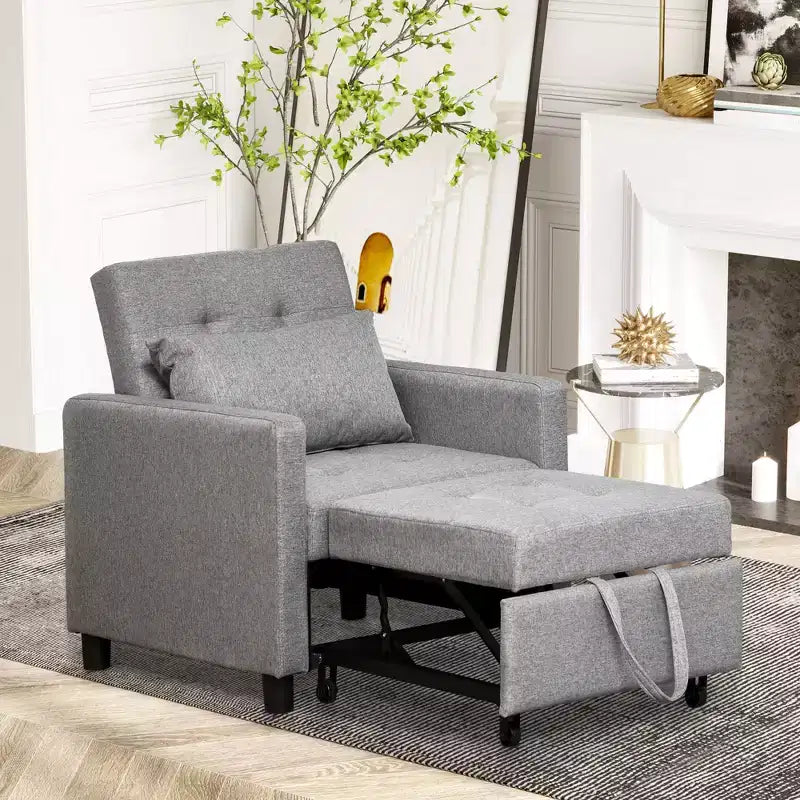 Canapé-lit convertible, transat multifonctionnel avec tissu capitonné, dossier inclinable, oreiller, gris