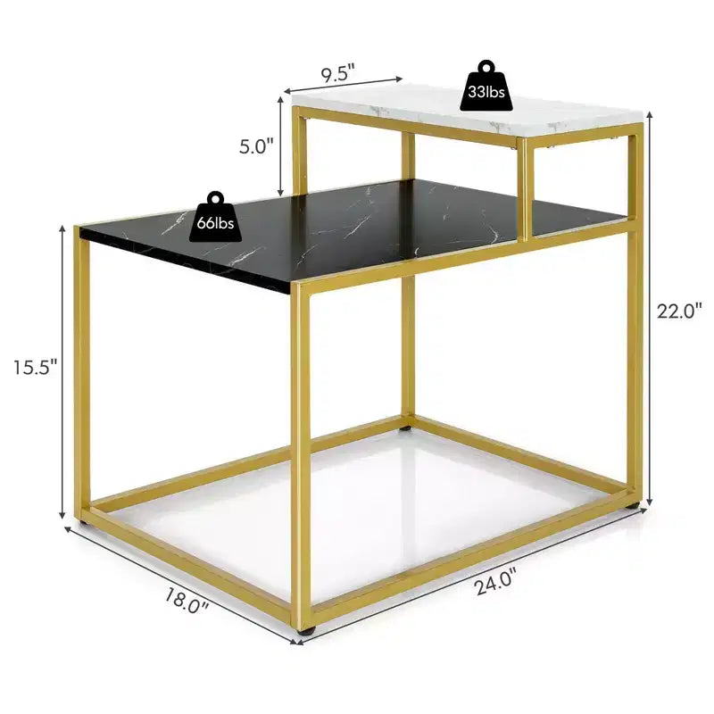 Table d'appoint à 2 niveaux, table de nuit à cadre métallique avec étagère de rangement pour le salon
