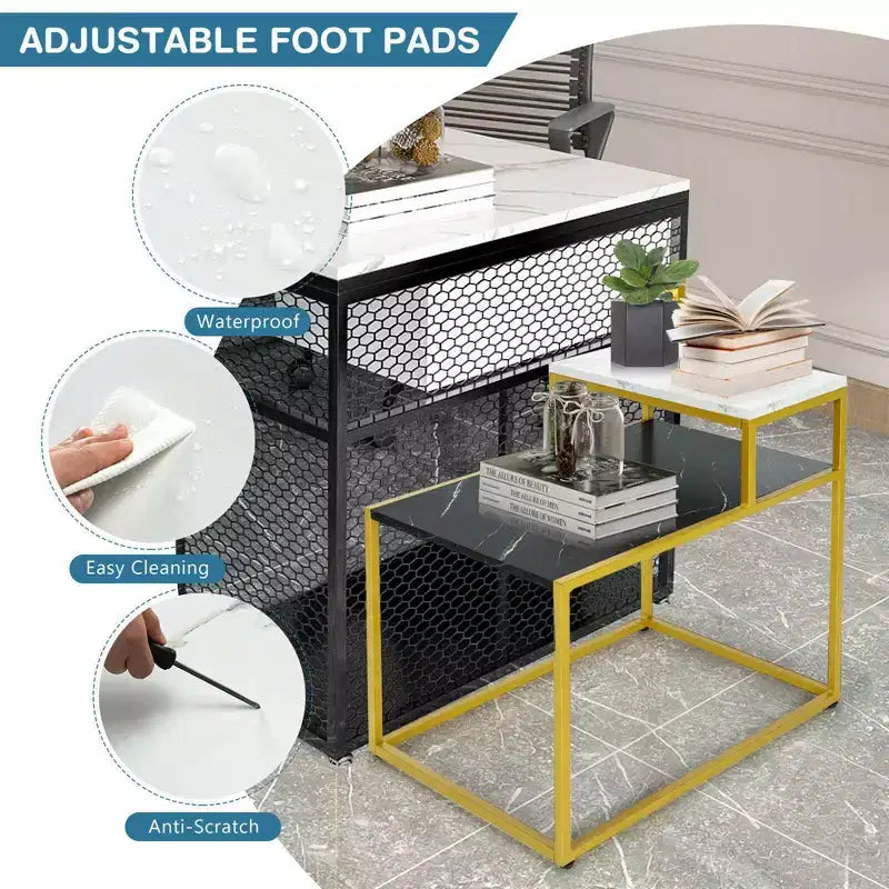 Table d'appoint à 2 niveaux, table de nuit à cadre métallique avec étagère de rangement pour le salon