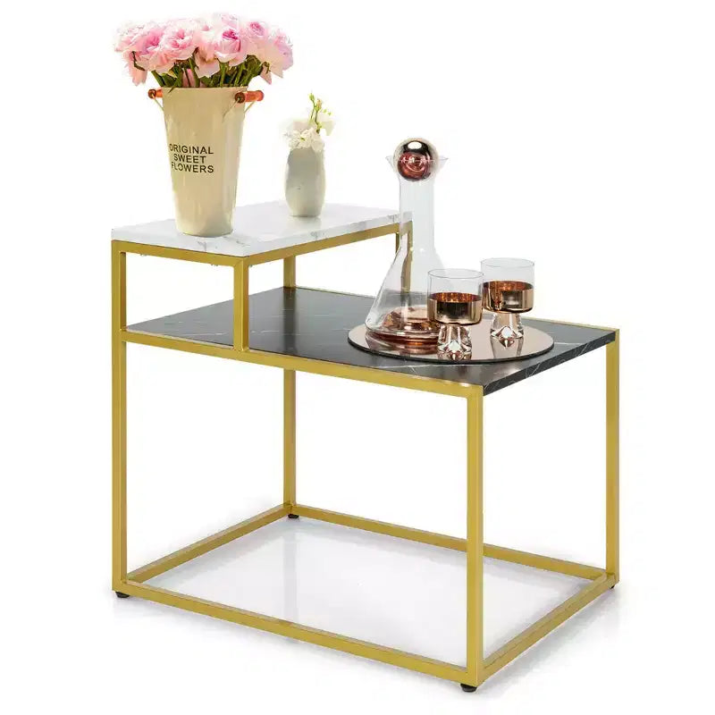 Table d'appoint à 2 niveaux, table de nuit à cadre métallique avec étagère de rangement pour le salon